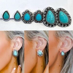 🆕💙CITY: TURQ Stone x3 Pairs Large Natural Stud Earring Set